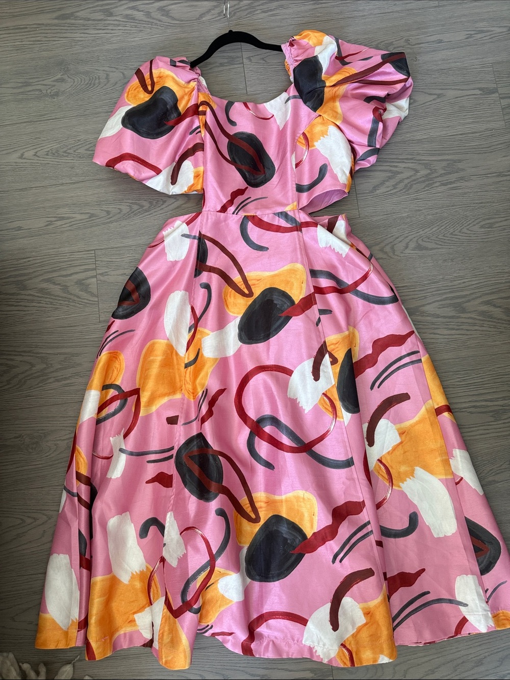 Pink Abstract Print Maxi Dress with Puff Sleeves